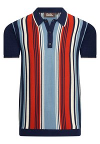 Stickad polo skjorta med breda vertikala ränder i blått, rött och krämfärgad, med en marinblå krage och treknapps stomme.