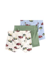 Drei Paar Jungen-Boxershorts: eine cremefarbene mit Lastwagenmotiven, eine hellblaue mit Fahrzeugmustern und eine einfarbige in grün; aus weichem, dehnbarem Stoff.