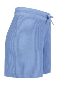 Shorts en tricot côtelé bleu clair avec une taille élastique à cordon de serrage, présentant une coupe droite et une texture douce.