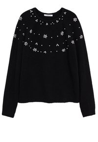 Pull en maille noire à manches longues, doté d'un col rond. Décoré d'étoiles argentées et de perles sur le devant.