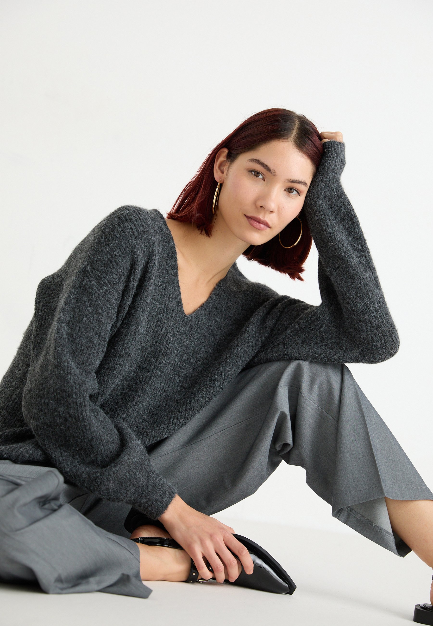 Vero Moda VMDESMA V NECK - Jumper - dark grey melang/mottled dark