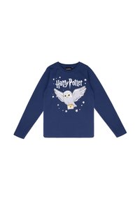 Marineblaues Langarm-T-Shirt mit einem Grafikdesign eines weißen Uhus mit ausgebreiteten Flügeln, umgeben von Sternen und dem Text "Harry Potter" darüber.