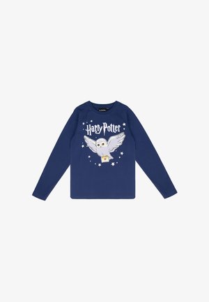 Marineblaues Langarm-T-Shirt mit einem Grafikdesign eines weißen Uhus mit ausgebreiteten Flügeln, umgeben von Sternen und dem Text "Harry Potter" darüber.