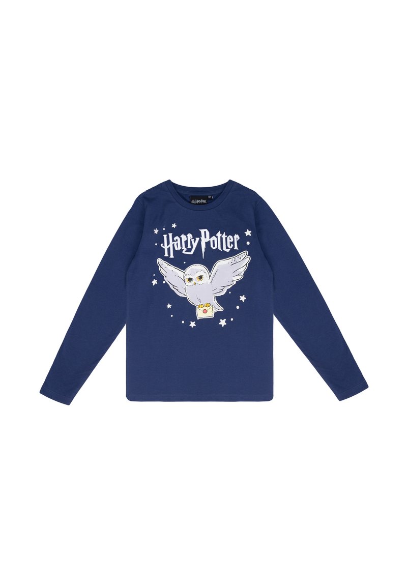 Marineblaues Langarm-T-Shirt mit einem Grafikdesign eines weißen Uhus mit ausgebreiteten Flügeln, umgeben von Sternen und dem Text "Harry Potter" darüber.
