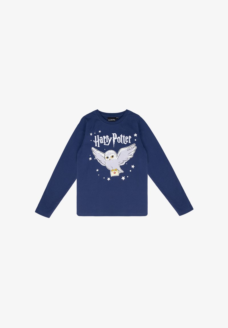 Marineblaues Langarm-T-Shirt mit einem Grafikdesign eines weißen Uhus mit ausgebreiteten Flügeln, umgeben von Sternen und dem Text "Harry Potter" darüber.