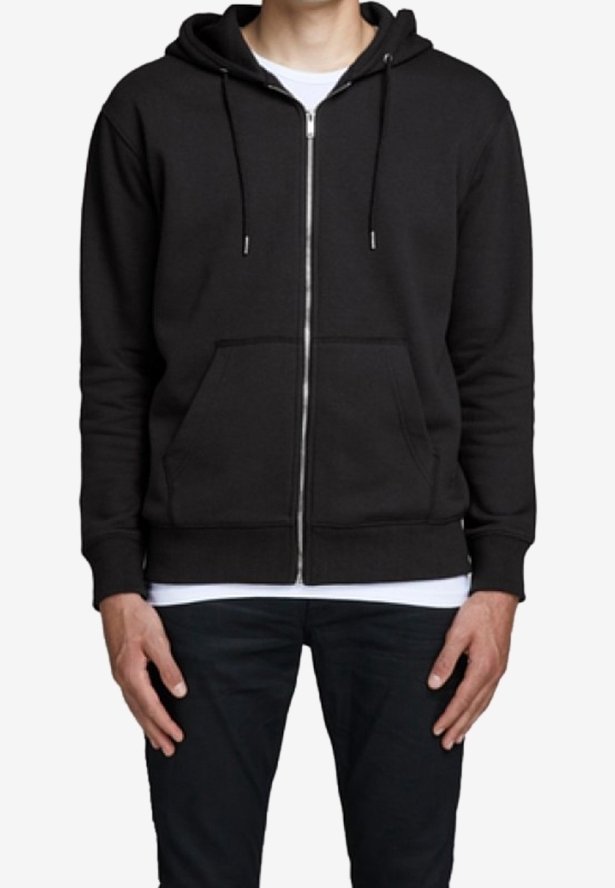 Svart zip-up hoodie med huva, frampocketar och dragsnoddar, tillverkad av ett mjukt material. Har en ribbad nederkant och ärmar.