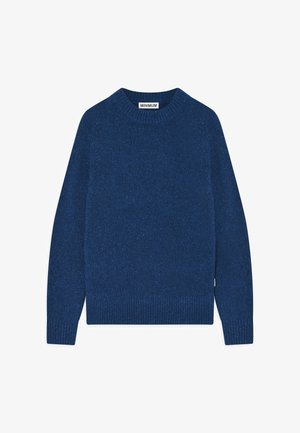 Blue knitted sweater, features a round neck, long sleeves, ribbed cuffs and hem, with a textured pattern throughout the fabric.