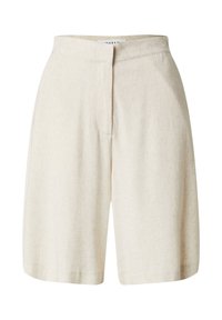Beige linnen shorts met een relaxte pasvorm, voorzien van een plooi aan de voorkant, een gladde textuur en een minimalistisch ontwerp van de tailleband.