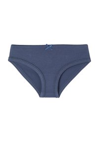 Blaue Baumwollbikini-Höschen mit tailliertem Schnitt, gewellten Kanten und einem kleinen blauen Schleifenakzent in der Mitte vorne.