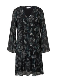 Schwarzes Kleid mit plissiertem Design, langen Ärmeln, V-Ausschnitt und floralem Muster in Weiß und Türkis mit dekorativen Akzenten.