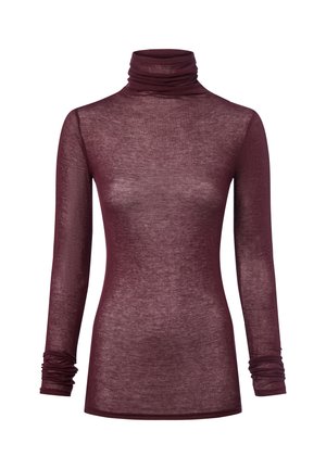 Burgundi värvi pikakä sleeves turtleneck top, mis on valmistatud kerge ja läbipaistva materjaliga, volditud detailidega varrukaotstes ja talle sobiva siluetiga.