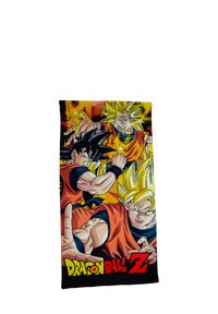 Dragon Ball Z handdoek met kleurrijke bedrukte personages Goku en Vegeta in actieposes, met een geel-oranje achtergrond en zwarte rand.