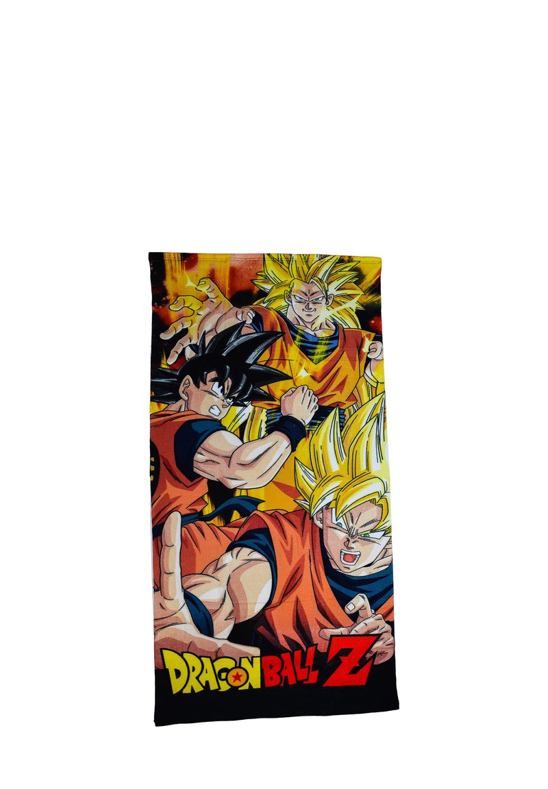 Dragon Ball Z handdoek met kleurrijke bedrukte personages Goku en Vegeta in actieposes, met een geel-oranje achtergrond en zwarte rand.