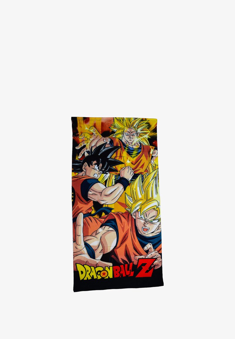Dragon Ball Z handdoek met kleurrijke bedrukte personages Goku en Vegeta in actieposes, met een geel-oranje achtergrond en zwarte rand.