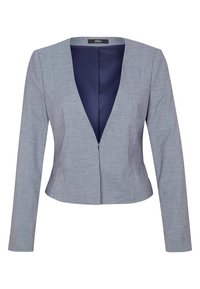 Ljust grå blazer med en strukturerad design, V-ringning, långa ärmar och marinblå insida. Skräddarsydd passform med en slät textur och inga synliga knäppningar.