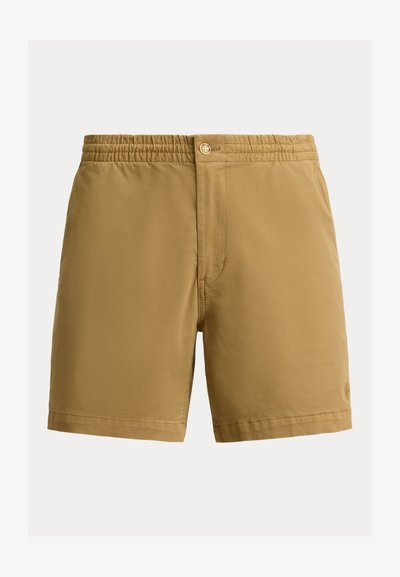 Férfi bézs elasztikus derékpántos rövidnadrág gombos záródással és finom logóval a jobb alsó lábszáron.