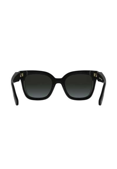 Lunettes de soleil rectangulaires noires avec des verres dégradés foncés, une monture en plastique lisse, et des accents dorés sur les charnières. Dispose de branches larges.