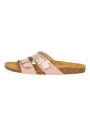 Light pink slip-on sandal with two adjustable straps and gold buckles, cork footbed, and white rubber outsole with a textured surface.