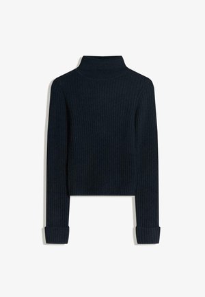 Donker marineblauw geribbeld trui met een hoge hals, lange mouwen en omgeslagen manchetten. De stof heeft een gestructureerde uitstraling en is ontworpen voor een getailleerde pasvorm.