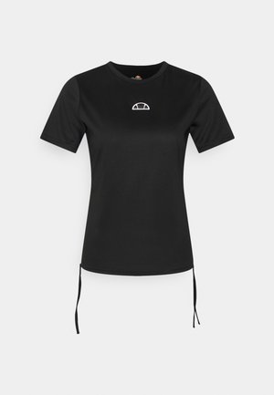 Zwart aansluitend T-shirt met korte mouwen, met klein wit halfrond logo op de borst en verstelbare zijstrikken aan de zoom.