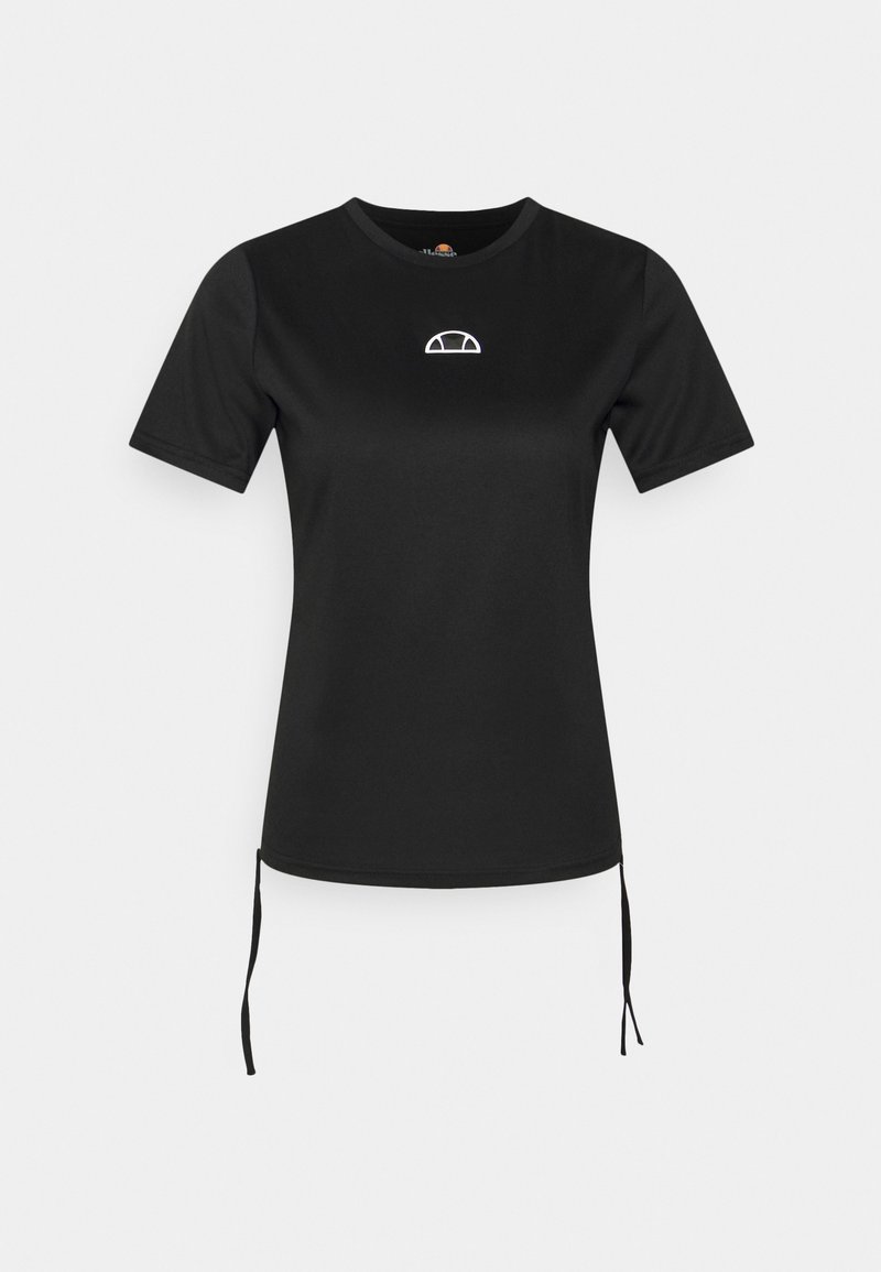 T-shirt noir ajusté à manches courtes avec petit logo blanc en forme de demi-cercle sur la poitrine et liens latéraux réglables à l'ourlet.