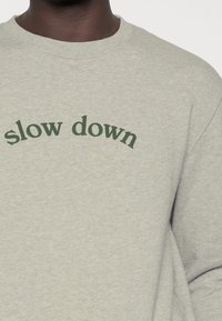 Felpa grigia chiara con scollatura rotonda. Il testo "slow down" è stampato in verde scuro, arcuato attraverso il petto.