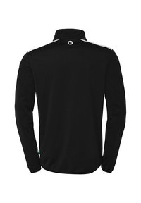 Sort langærmet polo med høj krave. Har hvide detaljer på skuldrene og et logo ved halsen. Blød, glat stofstruktur.