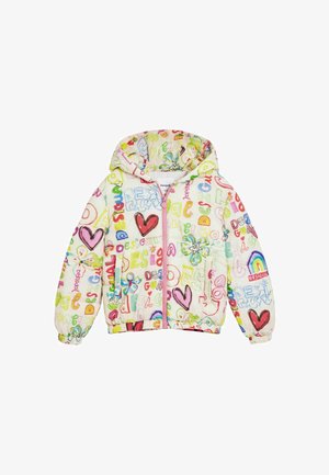 Veste à capuche matelassée en pastel clair avec des graphiques imprimés colorés, y compris des cœurs, des fleurs et du texte ; dotée d'une fermeture éclair à l'avant et de poignets élastiques.