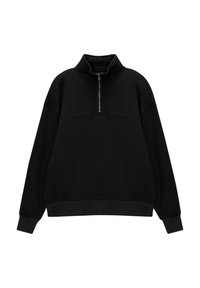 Pullover nero con zip a metà colletto, vestibilità rilassata e polsini e orlo a costine. Materiale in pile morbido con una texture liscia.