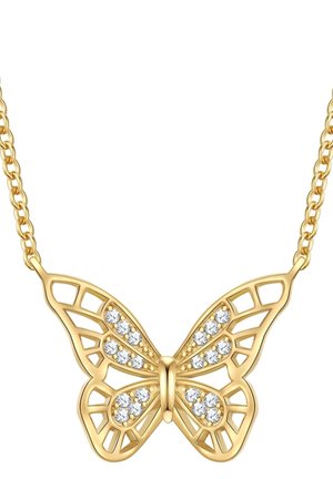 Collana con pendente a forma di farfalla in oro, con un design a intagli intricati e accenti bianchi luminosi. Presenta una delicata catena dorata.