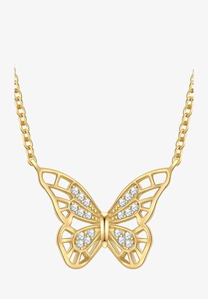 Collana con pendente a forma di farfalla in oro, con un design a intagli intricati e accenti bianchi luminosi. Presenta una delicata catena dorata.