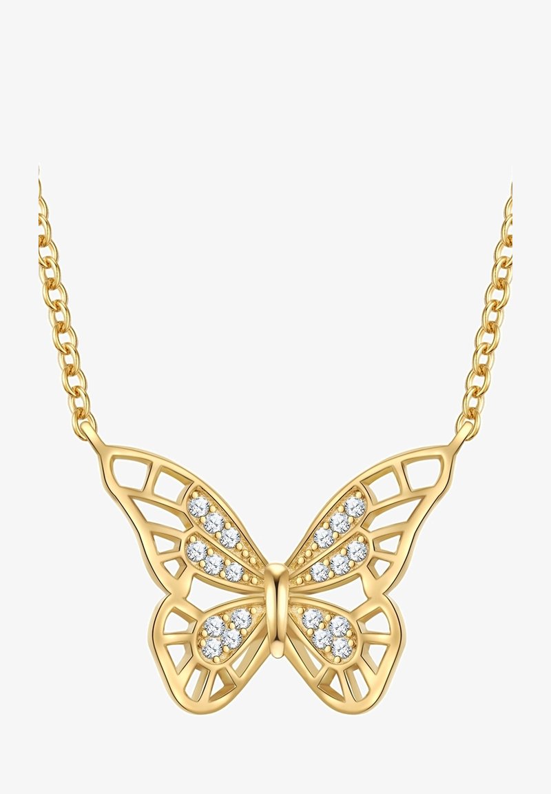 Gul sommerfuglevedhæng necklace med detaljeret udskåret design og hvide glitrende accenter. Har en delikat guldkæde.