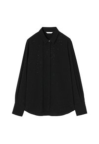 Black button-up shirt with a collared neck, long sleeves, and perforated design. Made from lightweight fabric with subtle sheen.