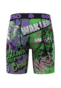 Boxer verdi e viola con stampe grafiche di un personaggio, con schizzi di testo e motivi vivaci su tutta la superficie.