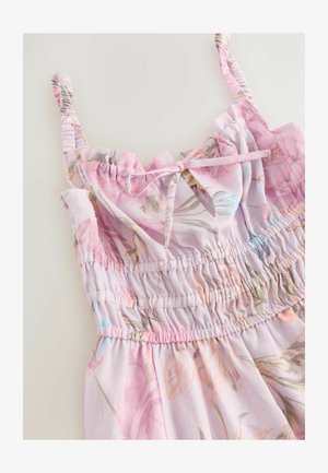 Blumenbedrucktes Kleid aus leichtem rosa Stoff, mit gerafftem Design, verstellbaren Trägern und einer Schleifenapplikation am Ausschnitt.