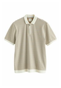 Kurzarm-Poloshirt in Creme mit braunen horizontalen Streifen, mit einem Reißverschluss am Ausschnitt und geripptem Kragen und Saum. Strukturiertes Strickmaterial.
