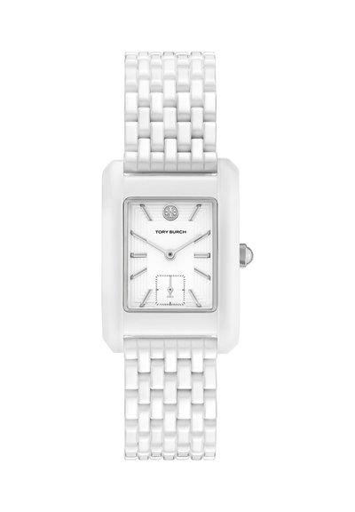 Montre-bracelet rectangulaire blanche Tory Burch avec des index argentés, un petit cadran des secondes et un bracelet à maillons.