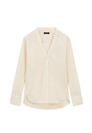 Chemise beige clair à manches longues, boutonnée, avec col en V et ourlet arrondi, présentée sur fond blanc.