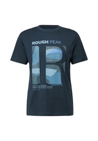 Marinblå bomullst-shirt med korta ärmar, med en grafisk design som inkluderar texten "ROUGH PEAK" och abstrakta former i ljusblå toner.