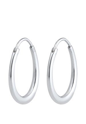 Paire de boucles d'oreilles ovales en argent poli avec fermoirs articulés, design simple et lisse.
