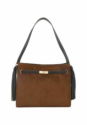Borsa rettangolare marrone con tracolla nera, chiusura dorata e nappine nere su ogni lato.