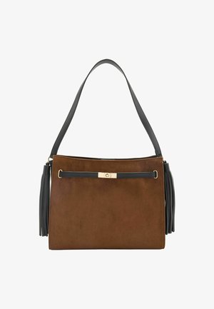 Borsa rettangolare marrone con tracolla nera, chiusura dorata e nappine nere su ogni lato.