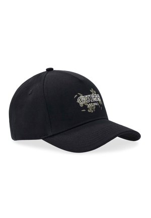 Cappellino da baseball nero con visiera curva con testo ""GUESS EST. 1981"" e design floreale ricamati sul pannello frontale.
