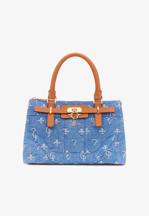 Niebieska torebka z denimu z rączkami z cielęcej skóry, złotym metalem i wzorem monogramu na całej powierzchni, obejmującym fleur-de-lis i znaki zapytania.