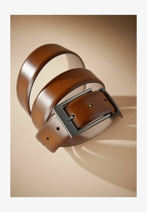 Brown leather belt with a textured finish, featuring a rectangular black metal buckle and holes for adjustment.