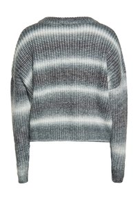 Pulover tricotat cu dungi orizontale gri și alb, design scurtat, decolteu rotund și mâneci lungi cu un finisaj texturat.