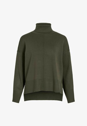 Maslinasto zelena, prenatrpana pletiva s visokim ovratnikom s rebrastom teksturom. Ima spuštene ramene š seamove i rub s malo dužim stražnjim dijelom.