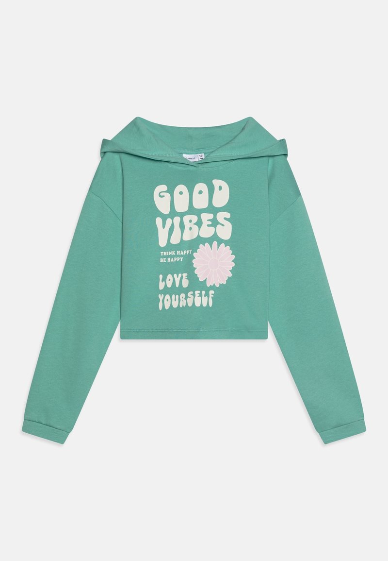 Sweat à capuche court vert menthe à manches longues, avec des textes blancs "GOOD VIBES", "THINK HAPPY BE HAPPY", "LOVE YOURSELF" et un graphique de fleur rose.