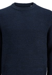 Knitted sweater in dark blue with a textured, waffle pattern. Features a crew neckline and long sleeves.
