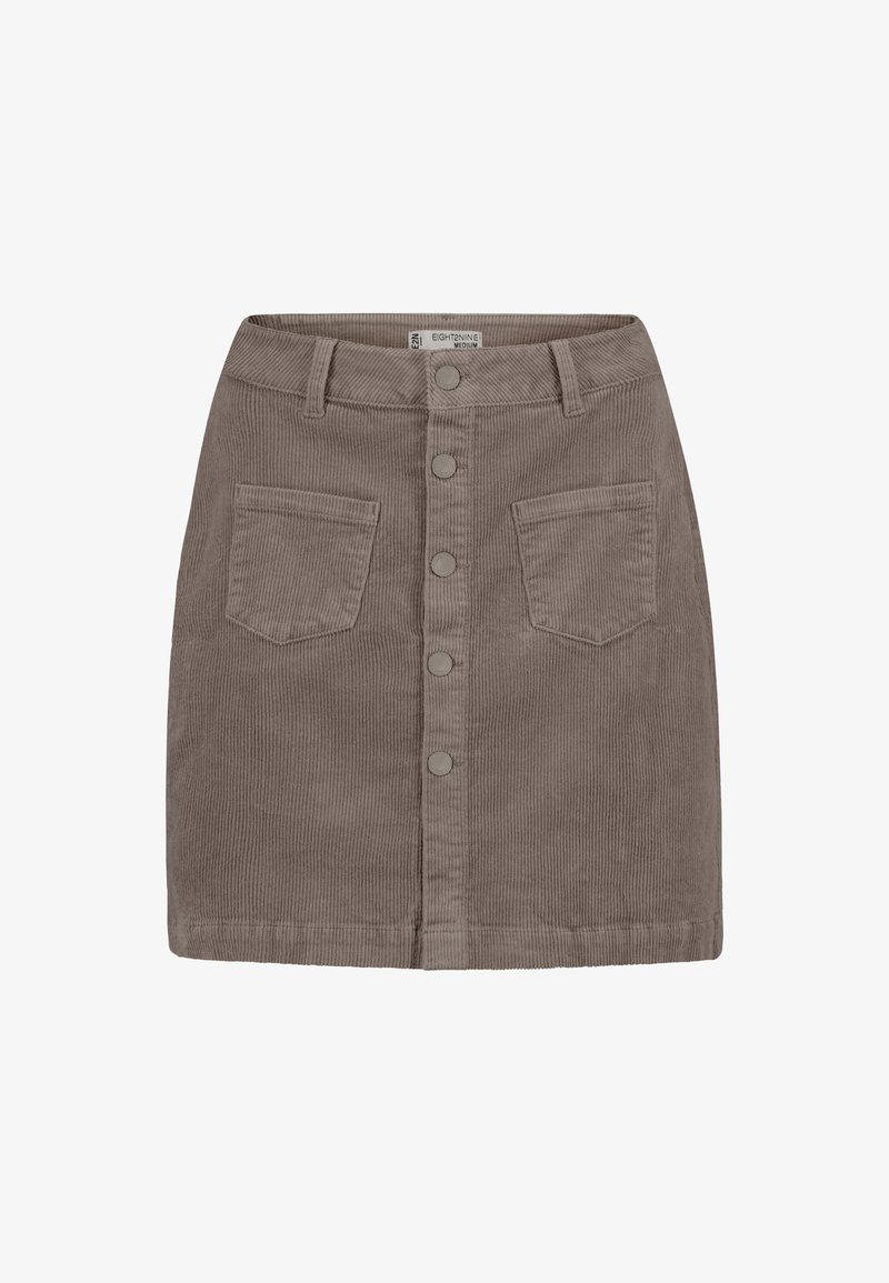 Corduroy skirt in taupe, featuring a front button closure, two front pockets, and a subtle ribbed texture. Medium length and a fitted shape.